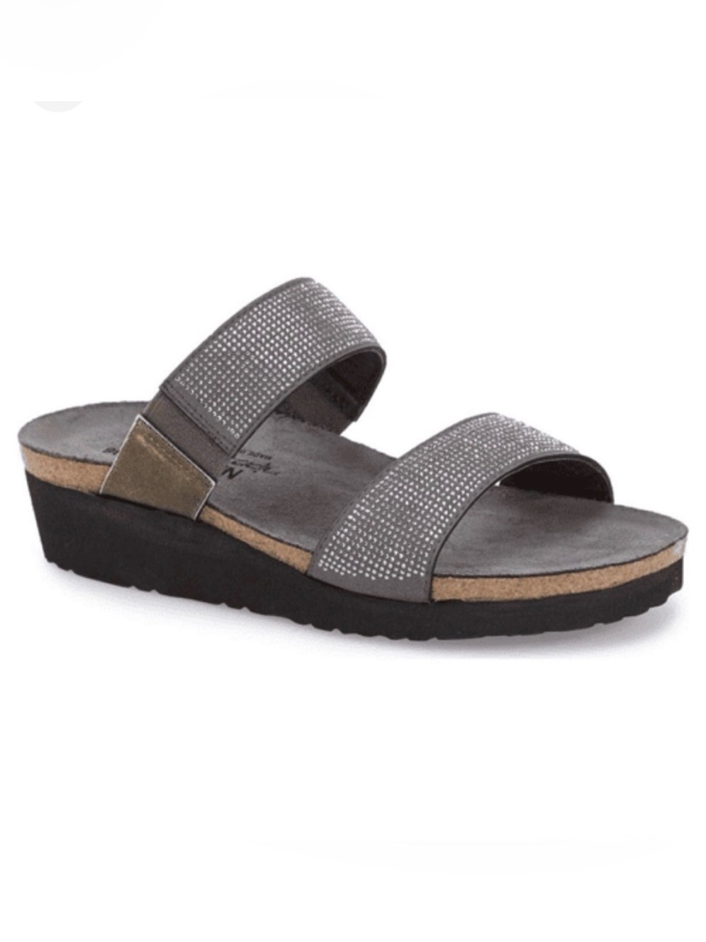 Naot Bianca Silver Double-Strap Slide Sandals with Rhinestone Detail 39